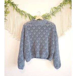 Pol Teal Crochet Chenille Knit Long Sleeve Sheer Mock Sweater, Size Small